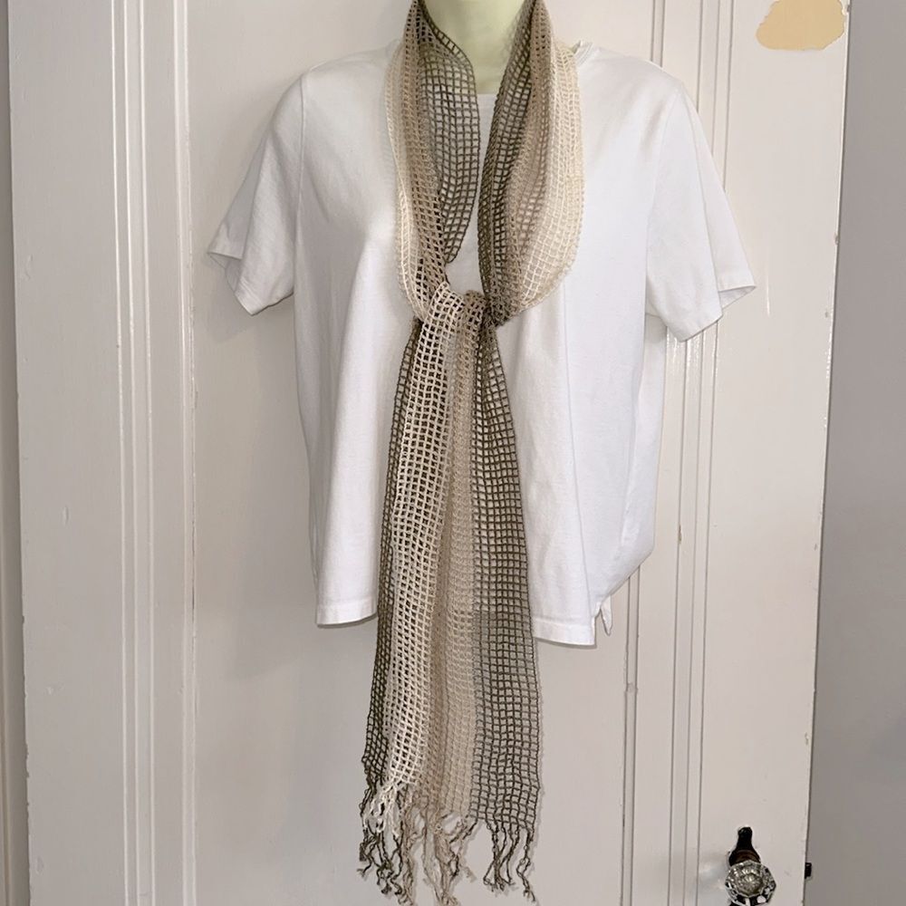 Vintage 70s/80s Open Crochet Weave Brown, Tan & Cream‎ Scarf with Fringe Hem
